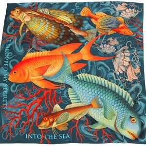 Square 100% silk  charmeuse scarf "Secrets" grey blue coral reef fish
